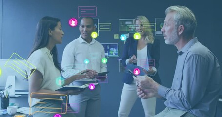 Poster - Animation of social media icons and data processing over diverse business people in office