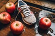 Fitness equipment. Healthy food. Sneakers, water,apple on wooden background