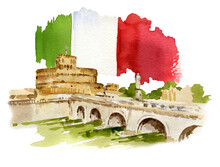 Watercolor Illustration Of Rome, Italy, Hand Drawn Panorama Of Tiber, Bridge And Old Fortress With Flag Of Italy