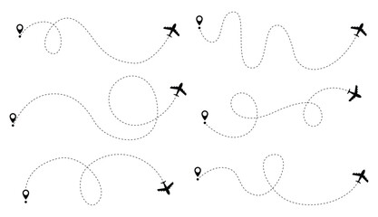 Airplane dotted route line set. Path travel line shapes. Flight route with start point and dash line trace for plane isolated vector illustration