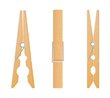 Clothes Pin Set. Realistic Wooden Peg For Housework And Laundry. Wooden Clips For Clothes To Line. Vector Illustration Of Clothespin