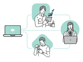 Illustration of a team of business people sharing information online.