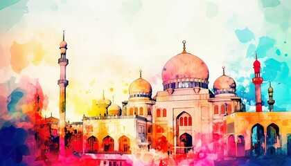 Wall Mural - water color painting Arabic Islamic Typography design Mawlid al-Nabawai al-Sharif greeting card with dome and minaret of the Prophet's Mosque. Generative Ai