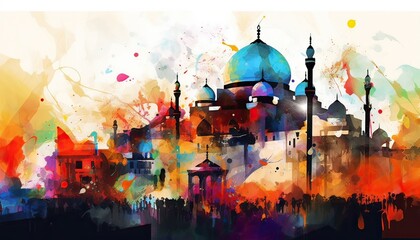 Wall Mural - water color painting Arabic Islamic Typography design Mawlid al-Nabawai al-Sharif greeting card with dome and minaret of the Prophet's Mosque. Generative Ai