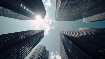 Poster - Bottom view of modern skyscrapers in business district. Generative Ai.