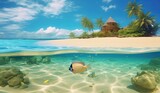 Fototapeta Do akwarium - Tropical Island And Coral Reef - Split View With Waterline. Beautiful underwater view of lone small island above and below the water surface in turquoise waters of tropical ocean. Generative Ai.