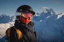 Skier Smiling Happy Cheerful Satisfied Woman In Warm Windbreaker Jacket Ski Goggles Mask Glasses Spend Extreme Weekend In Mountains On Resort