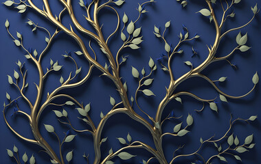 Wall Mural - Elegant gold and royal blue floral tree with seamless leaves hanging branches 3D illustration background. Generative AI