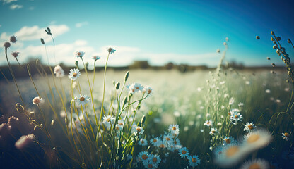 Field of flowers in bloom in the summer, meadow, summer, background, narrow focus range