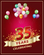 35 years anniversary celebration. Golden numbers with fireworks on a red background with ribbon and balloons. Vector illustration