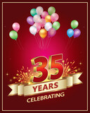Fototapeta Tulipany - 35 years anniversary celebration. Golden numbers with fireworks on a red background with ribbon and balloons. Vector illustration