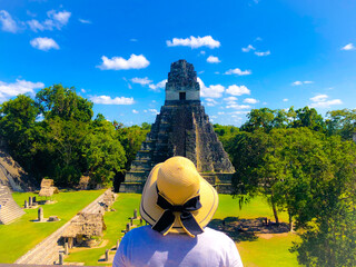 Female tourist in front of the temple of great jaguar