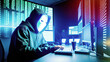 unrecognizable male hacker in dark neon room. Generative AI