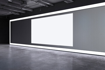 modern dark grunge concrete exhibition hall interior with blank white mock up banner on wall. 3d ren