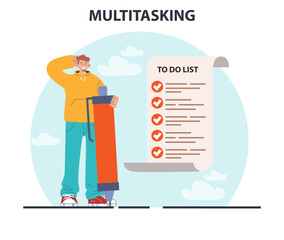 Poster - Multitasking. Effective and competent male office worker managing