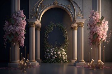 Wall Mural - Wedding arch with flowers and candles. Generative AI