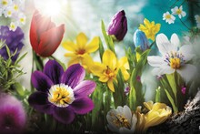 Spring Flowers - Crocus, Tulip, Daffodil. Generative AI