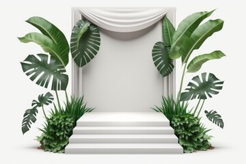 Poster - Generative AI of white podium with tropical plants and curtains on white background