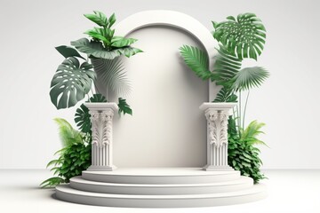 Poster - Generative AI of white marble podium with palm leaves and arch.