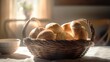 Frische Sonntagsbrötchen vom Bäcker auf dem Frühstückstisch, generative AI