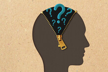 Man Head Profile With Open Zipper And Question Marks - Concept Of Open Mind, Hidden Thoughts And Curiosity