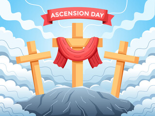 Illustration of Ascension Day with three crosses atop a mountain, symbolizing the ascension of Jesus Christ. The sky is bright blue with clouds.
Perfect for greeting card, postcard, banner, web, etc