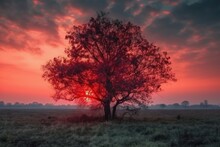 Beautiful Autumn Landscape With A Lonely Tree On The Meadow At Sunset, Generative Ai