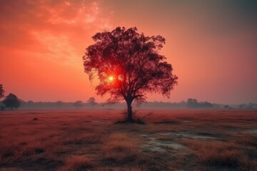  Lonely tree in a foggy meadow at sunset, generative ai