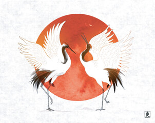 Two dancing japanese red-crowned cranes and  big red sun on rice paper background. Traditional oriental ink painting sumi-e, u-sin, go-hua. Translation of hieroglyph - love