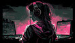 © ranchuryukin - illustration of a girl wearing the headphone playing music with dj equipment, neon lights effect