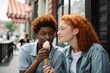 AI GENERATIVE, couple of teenage friends, multiethnic, enjoying a delicious ice cream in summertime . High quality illustration Generative AI