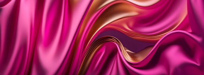 Abstract fashion background of bright purple gradient silk fabric with 3d waves. Banner with particle drapery background. Banner size. Generative ai