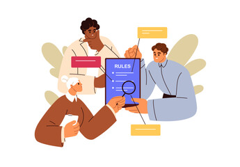 Poster - Reading new rules, corporate policy. Studying regulations, business law, code of conduct. Colleagues and regulatory document, instruction. Flat graphic vector illustration isolated on white background