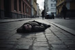 © pavlofox - man is lying on the street and died. AI Generated