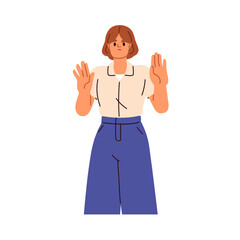 Afraid woman gesturing stop with palms. Shocked scared girl showing rejection, refusal sign with hands, saying now. Mute objection, denial. Flat vector illustration isolated on white background