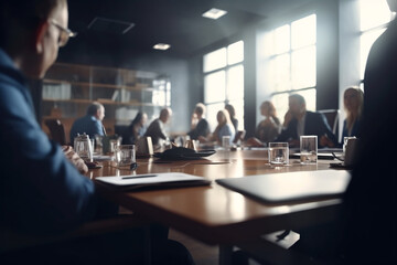 Business concept. Business meeting in boardroom. Blurred people on background. Team meeting in office near table. Generative AI