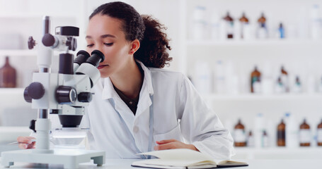 Wall Mural - science is such a fascinating field. a young scientist using a microscope in a lab.