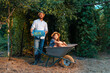 © _KUBE_ - Family organic gardening. Handsome caucasian bearded gardener in straw hat holds a box with harvest. Little cute girl sitting in a cart and smiling. The concept of summer and harvesting