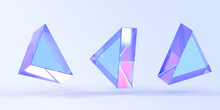 Glass or crystal triangle in different angle view, 3d render. Abstract figure of geometric shape with holographic gradient texture, isolated glossy iridescent object, icons set. 3D illustration