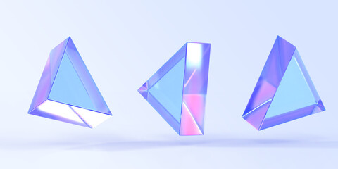 glass or crystal triangle in different angle view, 3d render. abstract figure of geometric shape wit