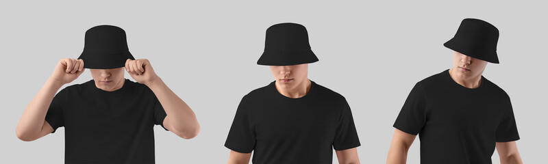 Wall Mural - Mockup of fashionable black hat on young guy in t-shirt, set of empty panama isolated on background.