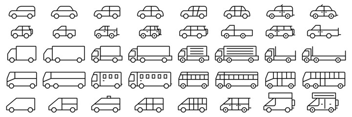 Vector set illustration of simple deformed various types of car icons pictograms