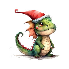 Poster - fantasy cute dragon with christmas hat, great design watercolor white color background. new year 202