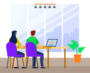 Poster - guy and girl communicate and work in the office together. employees analyze data and study metrics. 