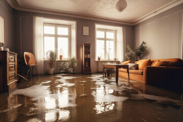 Flooded apartment with a lot of water on the floor. Created with Generative AI technology.