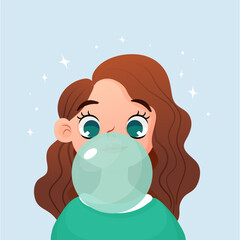 Wall Mural - Girl with the mint flavor chewing cute cartoon bubble gum