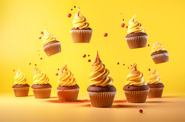 Wall Mural - Delicious, sweet tasty muffin, snack made of chocolate and whipped cream. Cupcake on colorful vivid background. Sweet dessert. Illustration. Generative AI.