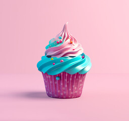 Wall Mural - Delicious, sweet tasty muffin, snack made of chocolate and whipped cream. Cupcake on colorful vivid background. Sweet dessert. Illustration. Generative AI.