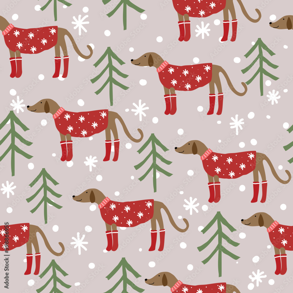 Christmas seamless pattern with dog wearing christmas clothes and abstract christmas tree on brown background. Use for wallpaper, textile and print.