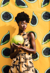 Wall Mural - Summer exotic portrait of young beautiful girl enjoying tropical fruit, fashion concept with fresh refreshing, delicious melon. Illustration. Generative AI.